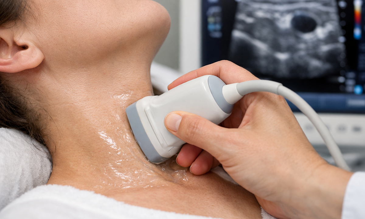 samodzielne monitorowanie tarczycy w ciąży ciężarna mierząca obwód szyi taśmą metryczną w domu samodzielnie